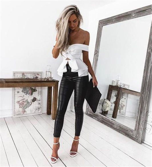 Pantalones de Cuero PU Elástico Ajustados para Mujer