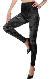 Leggings de Tela Vaquera Imitada con Corset sin Costuras y Rasgados Estilizados para Mujer - Image 4
