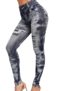 Leggings de Tela Vaquera Imitada con Corset sin Costuras y Rasgados Estilizados para Mujer - Image 6