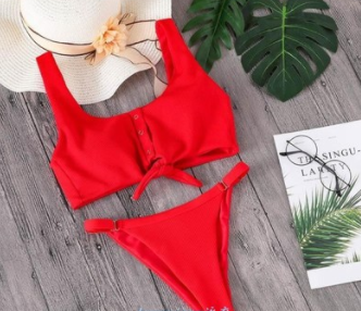 Red two-piece bikini with a square neck, button-front tie top, and high-cut bottoms on a wooden background. - Image 4