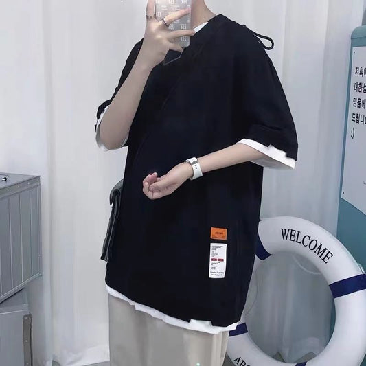 Camiseta Hombre Dos Texturas Manga Corta Suelta Ajuste Cómodo