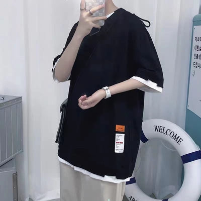 Camiseta Hombre Dos Texturas Manga Corta Suelta Ajuste Cómodo