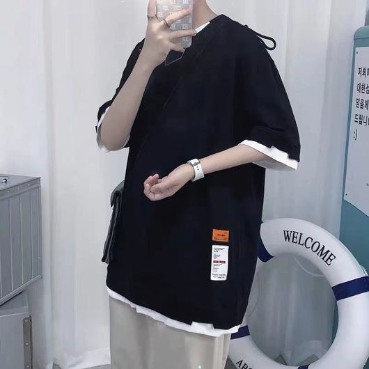 Camiseta Hombre Dos Texturas Manga Corta Suelta Ajuste Cómodo
