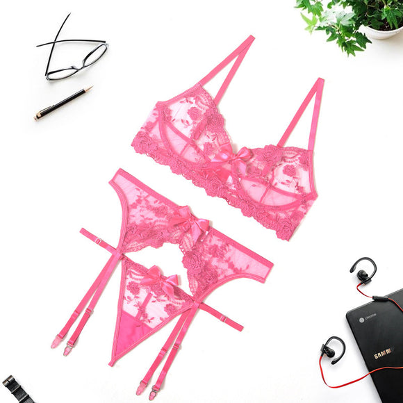 Embroidered Lace Lingerie Set: Bra, Briefs, and Garter
