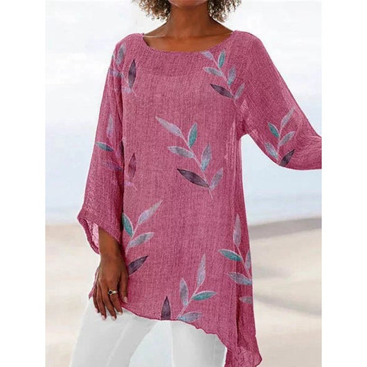 Playera Cuello Redondo Estampado Hojas Algodón y Lino - Image 11