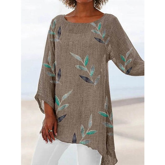 Playera Cuello Redondo Estampado Hojas Algodón y Lino - Image 10
