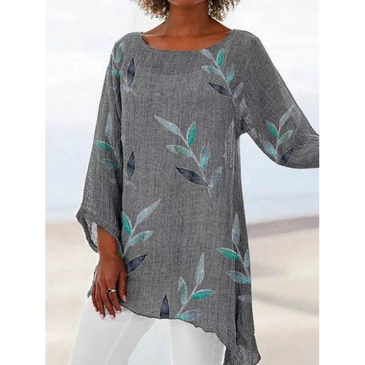 Playera Cuello Redondo Estampado Hojas Algodón y Lino - Image 5