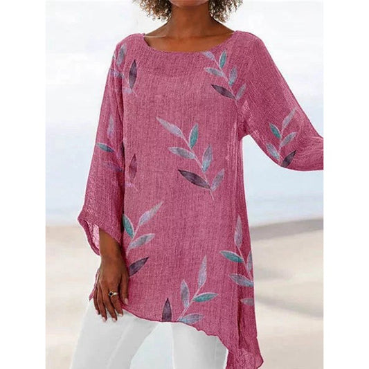 Playera Cuello Redondo Estampado Hojas Algodón y Lino