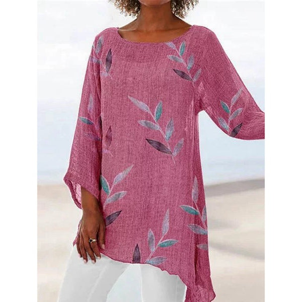 Playera Cuello Redondo Estampado Hojas Algodón y Lino