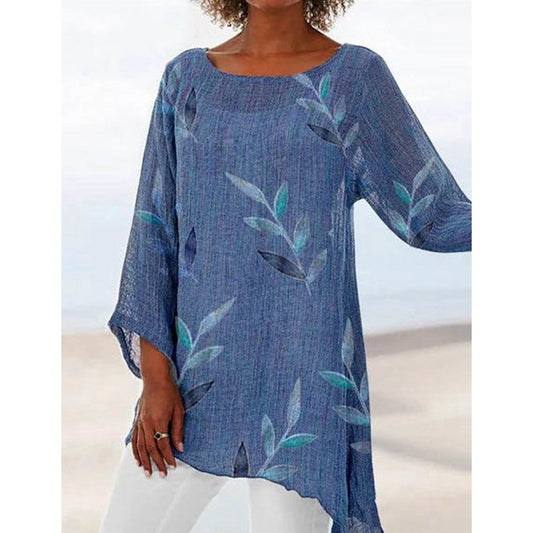 Playera Cuello Redondo Estampado Hojas Algodón y Lino - Image 2