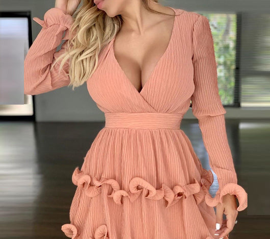 Vestido Elegante Escote Profundo con Encaje y Manga Larga