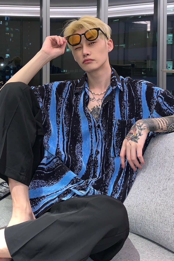 Camisa Tie-Dye Coreana con Drapeado Ondulado - Estilo Relajado para Hombre
