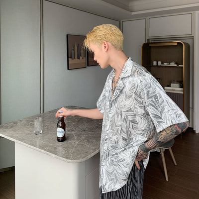 Camisa Hawaiana de Seda para Hombre con Diseño de Hojas Tropicales - Image 3