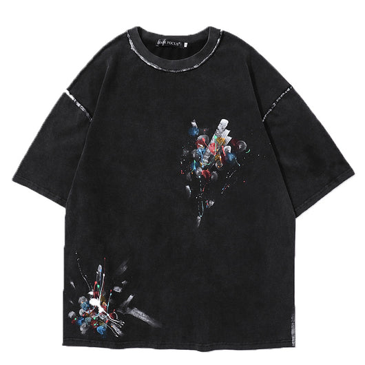Camiseta Suelta Retro Desteñida con Estampado Invertido de Tinta - Image 9