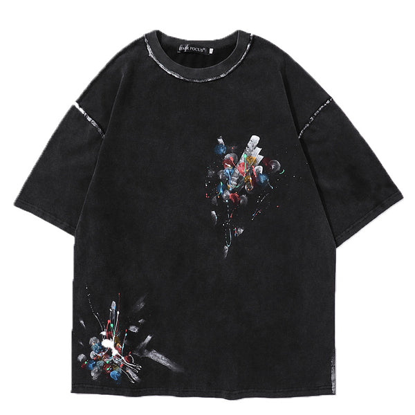 Camiseta Suelta Retro Desteñida con Estampado Invertido de Tinta