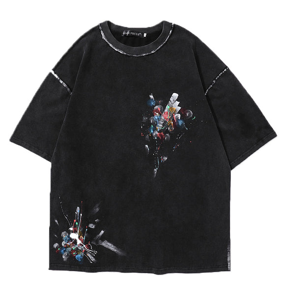 Camiseta Suelta Retro Desteñida con Estampado Invertido de Tinta