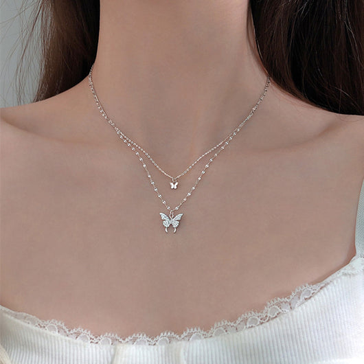 Collar Mariposa Doble Capa Plateado Elegante para Mujer - Joya Delicada - Image 9