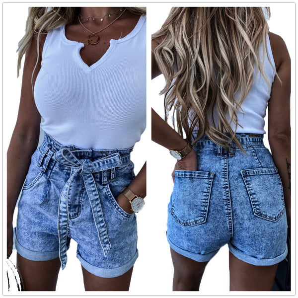 Short Denim Cintura Alta con Encaje y Cordones