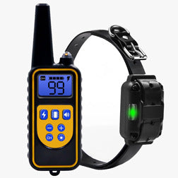 Three electric dog training collars in black, orange, and yellow with receivers, alongside a black and yellow remote control. - Image 6