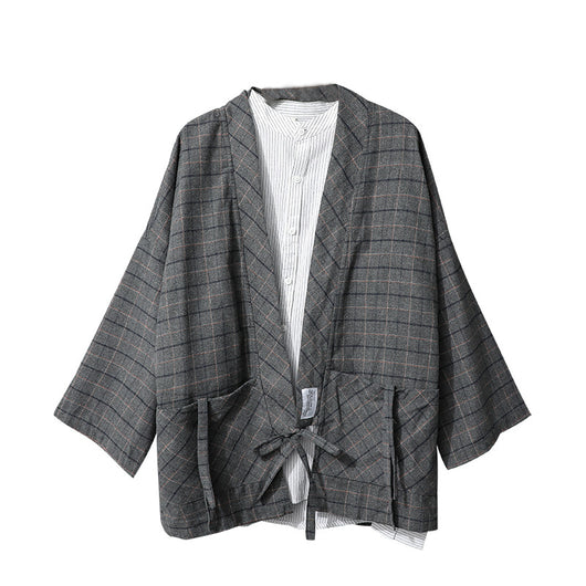 Camisa Retro Cuadros Japonesa con Corbata para Hombre - Image 6