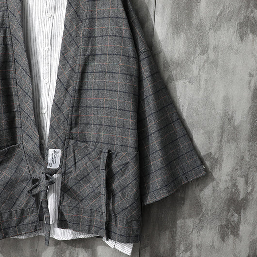 Camisa Retro Cuadros Japonesa con Corbata para Hombre - Image 8