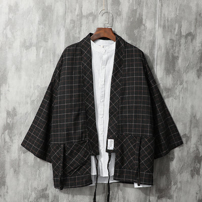 Camisa Retro Cuadros Japonesa con Corbata para Hombre - Image 10