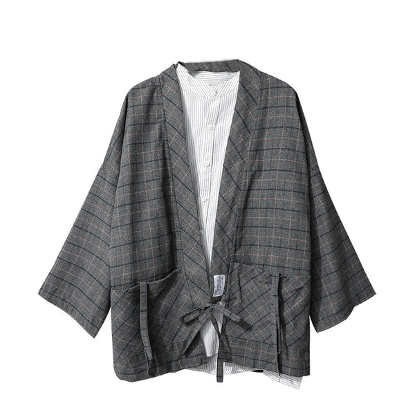 Camisa Retro Cuadros Japonesa con Corbata para Hombre