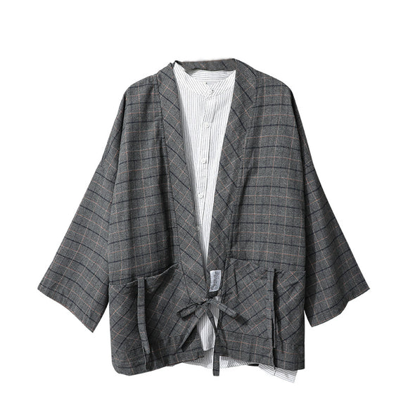 Camisa Retro Cuadros Japonesa con Corbata para Hombre