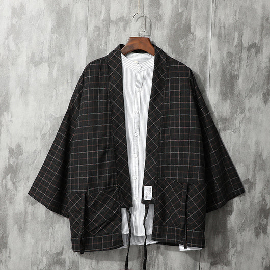 Camisa Retro Cuadros Japonesa con Corbata para Hombre - Image 5