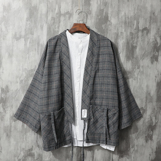 Camisa Retro Cuadros Japonesa con Corbata para Hombre