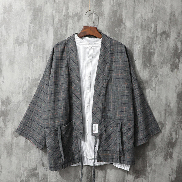 Camisa Retro Cuadros Japonesa con Corbata para Hombre