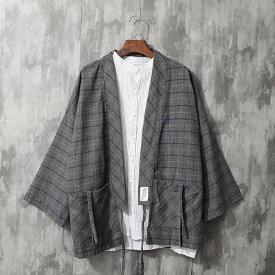 Camisa Retro Cuadros Japonesa con Corbata para Hombre