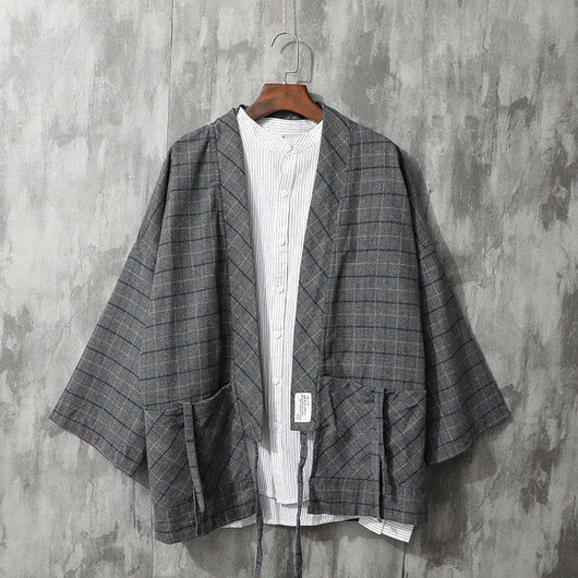 Camisa Retro Cuadros Japonesa con Corbata para Hombre