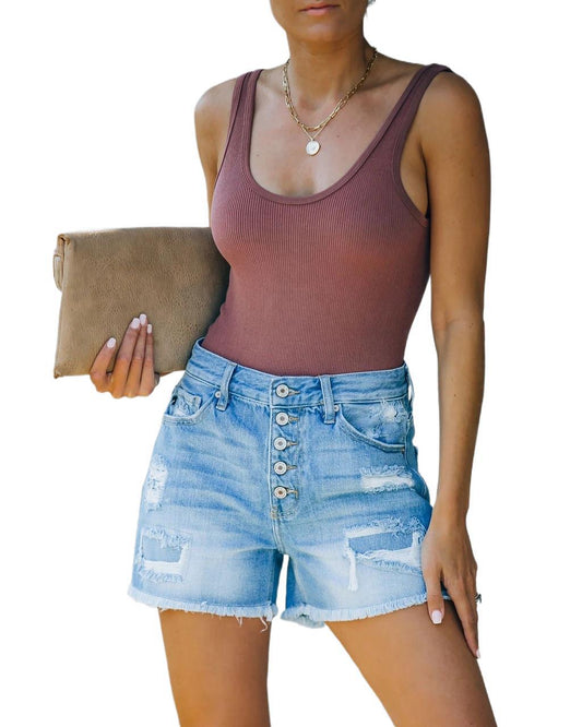 Shorts Denim Clásicos de Cintura Alta Corte Recto - Image 2