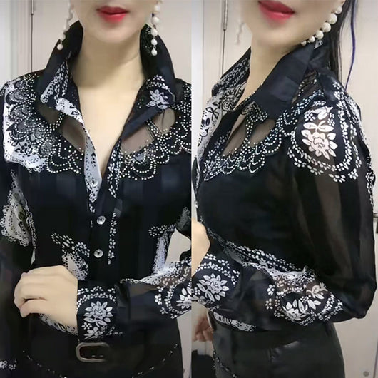 Blusa Larga Estilo Occidental con Encaje en Chifón para Mujer - Image 7
