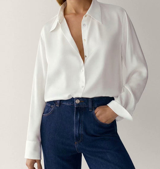 Blusa de Satén Otoñal con Cuello Solapa y Mangas Holgadas - Image 8