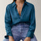 Blusa de Satén Otoñal con Cuello Solapa y Mangas Holgadas