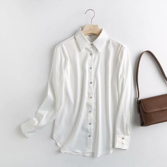 Blusa de Satén Otoñal con Cuello Solapa y Mangas Holgadas