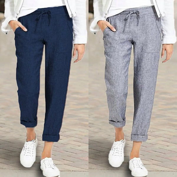 Pantalones Casuales Talla Grande Color Sólido con Cordón de Algodón y Lino