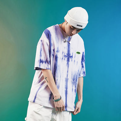 Playera Tie-Dye Azul Americana Suelta Cuello Redondo Tendencia Verano - Image 11