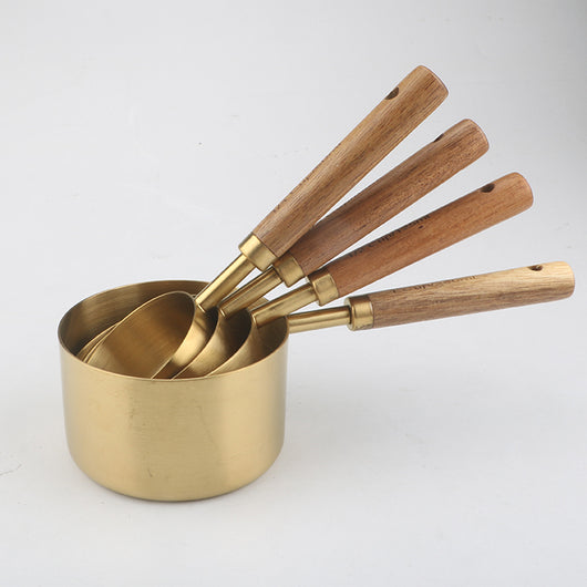 Set de 4 Cucharas Medidoras de Acero Inoxidable con Mango de Madera y Acabado Cobre - Image 5
