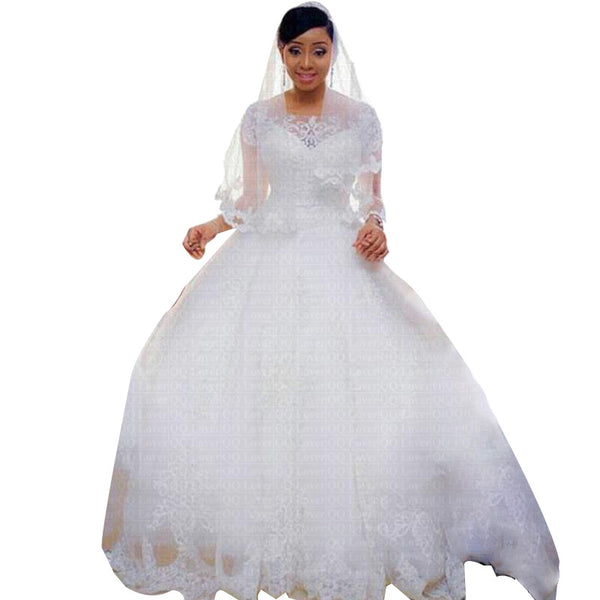 Vestido de Novia Blanco de Encaje con Cola Tallas Grandes Manga Corta