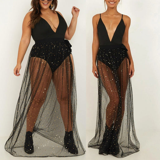 Falda Talla Grande con Lentejuelas y Malla Elástica - Diseño Europeo con Abertura Lateral