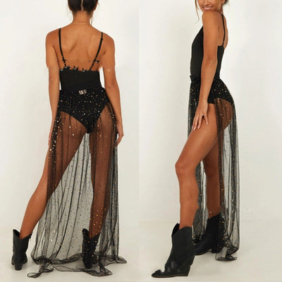 Falda Talla Grande con Lentejuelas y Malla Elástica - Diseño Europeo con Abertura Lateral - Image 4