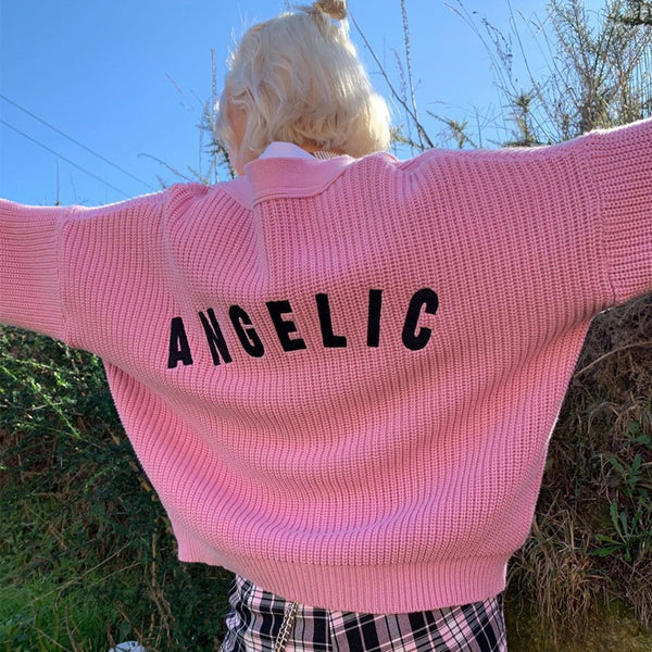 Cardigan Suelto con Bordado de Ángel - Suéter Botones para Mujer