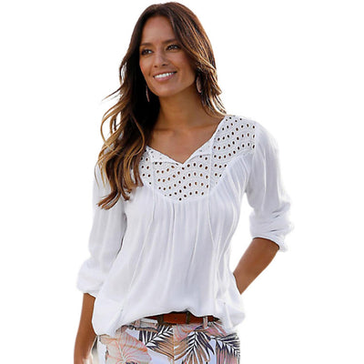 Blusa Elegante con Flores Acuarela y Flecos - Cuello V Manga Larga - Image 6