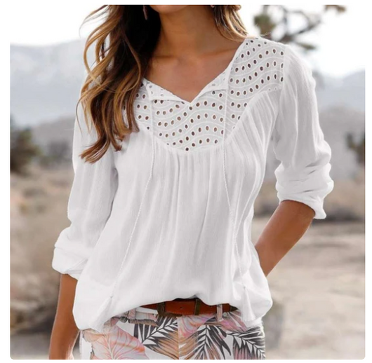 Blusa Elegante con Flores Acuarela y Flecos - Cuello V Manga Larga - Image 8