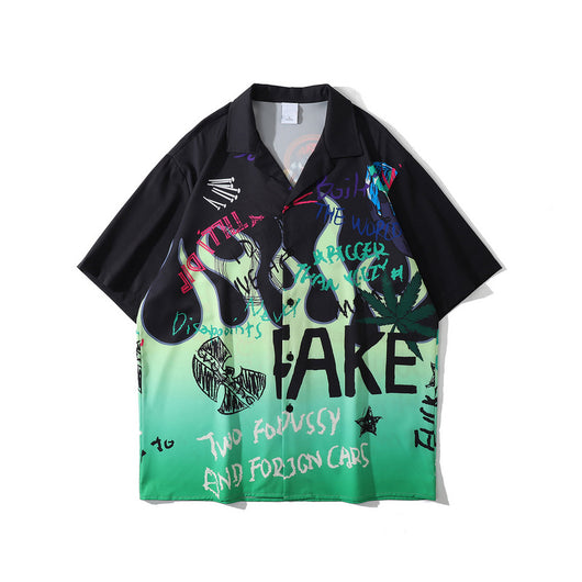 Camisa Hawaiana Hip Hop Flame Graffiti de Manga Corta - Image 8