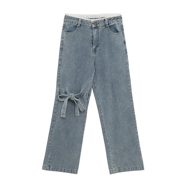 Pantalón Denim Cintura Alta con Moño Estilo Coreano