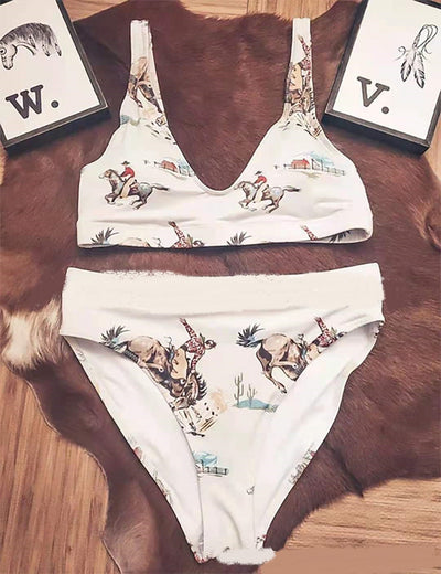 Printed high-waisted triangle split swimsuit with a black, white, and grey geometric pattern. - Image 9
